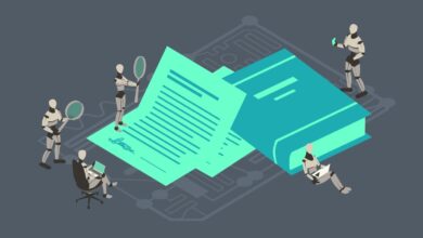 رسم توضيحي لروبوتات تراجع عقدًا وكتابًا قانونيًا في إشارة إلى علاقة الذكاء الاصطناعي بالقانون
