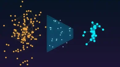 رسم توضيحي لشبكة عصبية كبيرة تنتقل معرفتها عبر قمع إلى شبكة أصغر في إشارة إلى تقطير نماذج الذكاء الاصطناعي