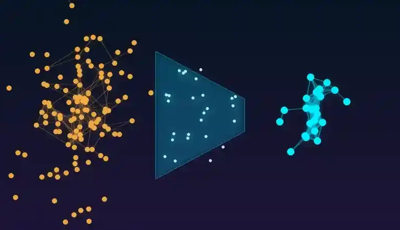 رسم توضيحي لشبكة عصبية كبيرة تنتقل معرفتها عبر قمع إلى شبكة أصغر في إشارة إلى تقطير نماذج الذكاء الاصطناعي