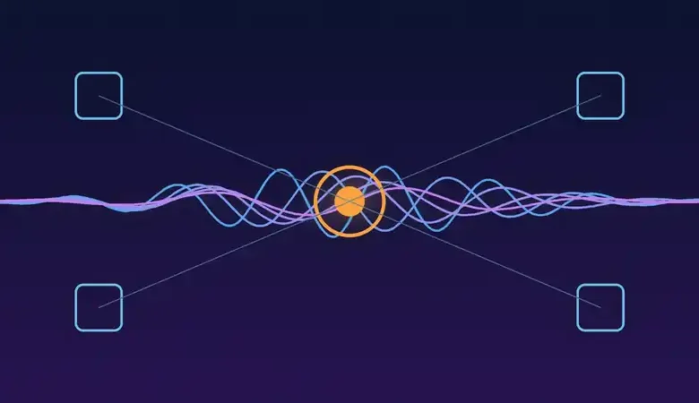 رسم توضيحي لموجات صوتية متداخلة تتصل بدوائر رقمية ترمز إلى نموذج صوتي ذكي للمحادثة الفورية