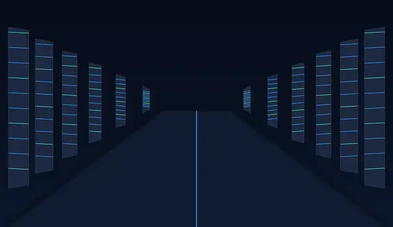 رسم توضيحي لممرات خوادم داخل مركز بيانات ضخم مضاءة بخطوط ضوئية زرقاء