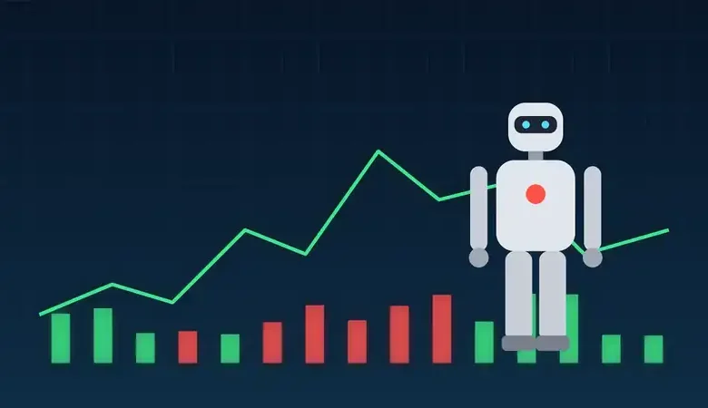 رسم توضيحي لروبوت بشري يقف أمام شاشة مؤشرات بورصة ورسوم بيانية صاعدة وهابطة