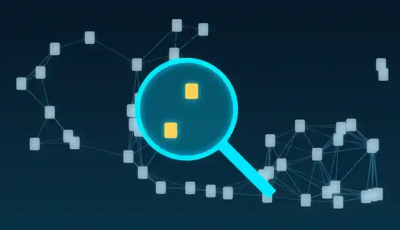 رسم توضيحي لعدسة مكبرة تفحص شبكة من المستندات المترابطة في إشارة إلى البحث العميق بالذكاء الاصطناعي