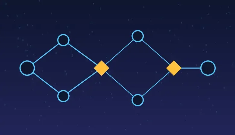 رسم توضيحي لمخطط خوارزمية بعُقد متصلة ونقاط قرار وأرقام ثنائية على خلفية زرقاء داكنة