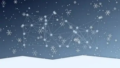 رسم توضيحي لشبكة عصبية باهتة تتساقط حولها ندف الثلج في إشارة إلى شتاء الذكاء الاصطناعي وفترات تراجع التمويل والاهتمام