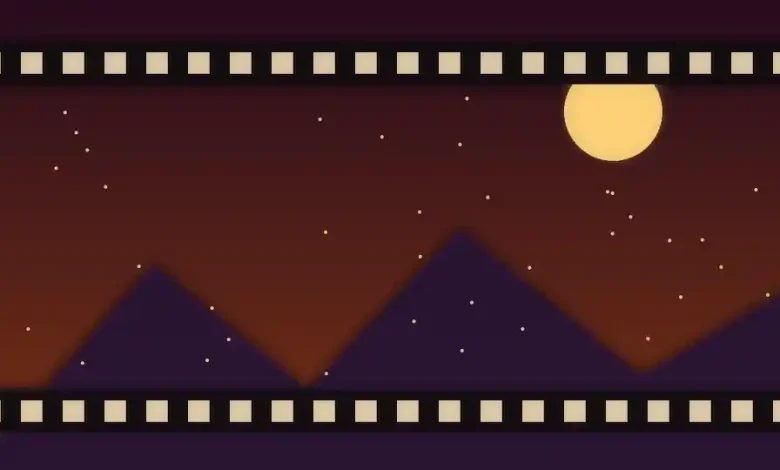 رسم توضيحي لشريط سينمائي فوق جبال عند الغروب يرمز إلى دراما مولدة بالذكاء الاصطناعي