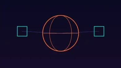 رسم توضيحي لكرة أرضية مجردة بخطوط برتقالية تتصل بها صناديق شحن مضيئة على خلفية بنفسجية داكنة