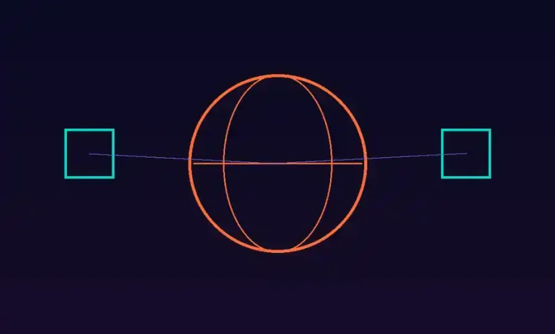 رسم توضيحي لكرة أرضية مجردة بخطوط برتقالية تتصل بها صناديق شحن مضيئة على خلفية بنفسجية داكنة