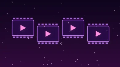 رسم توضيحي لإطارات أفلام رقمية بألوان بنفسجية ترمز إلى الدراما القصيرة المولدة بالذكاء الاصطناعي