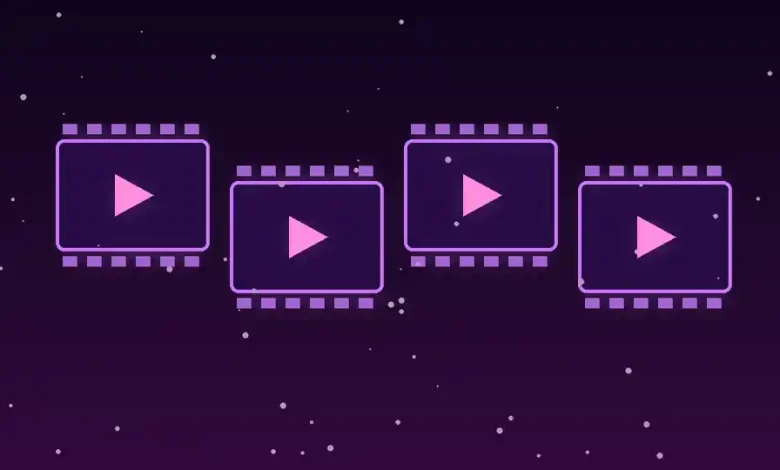 رسم توضيحي لإطارات أفلام رقمية بألوان بنفسجية ترمز إلى الدراما القصيرة المولدة بالذكاء الاصطناعي