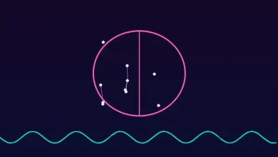 رسم توضيحي لشكل دماغ مجرد بخطوط وردية وعقد مضيئة فوق موجة إشارة خضراء على خلفية بنفسجية داكنة