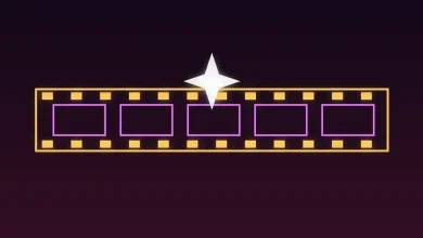 رسم توضيحي مجرد لشريط سينمائي بإطارات ملونة تعلوه نجمة ضوئية ترمز إلى التوليد بالذكاء الاصطناعي