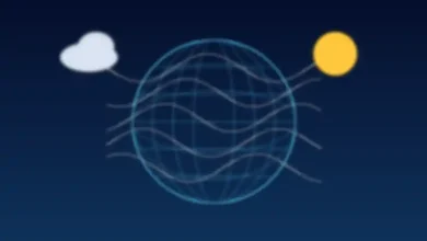 رسم توضيحي لكرة أرضية شبكية تحيط بها خطوط رياح وسحابة وشمس