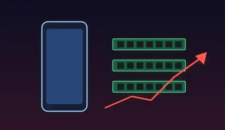رسم توضيحي لهاتف ذكي وشرائح ذاكرة مع سهم صاعد يرمز إلى ارتفاع الأسعار