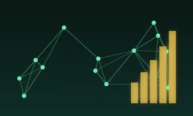 رسم توضيحي مجرد لشبكة عقد متصلة تمثل وكيلا ذكيا بجوار أعمدة نمو صاعدة ترمز إلى التمويل