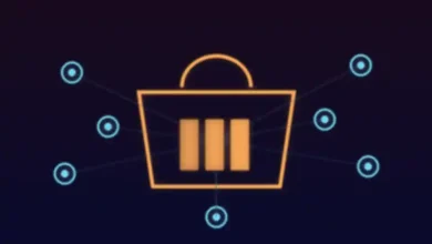 رسم توضيحي لسلة تسوق مضيئة تتصل بها دوائر ترمز إلى باقات الرموز الرقمية للنماذج الذكية