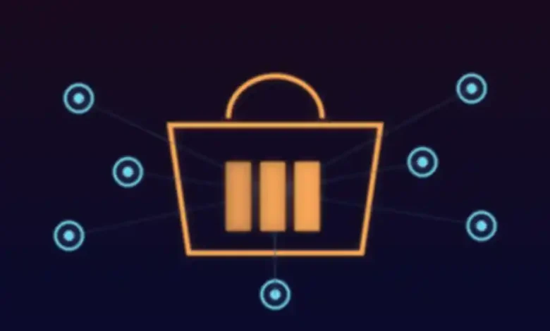 رسم توضيحي لسلة تسوق مضيئة تتصل بها دوائر ترمز إلى باقات الرموز الرقمية للنماذج الذكية