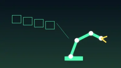 رسم توضيحي لذراع آلية تتبع سلسلة إطارات فيديو متتابعة ترمز إلى توقع الحركة قبل تنفيذها