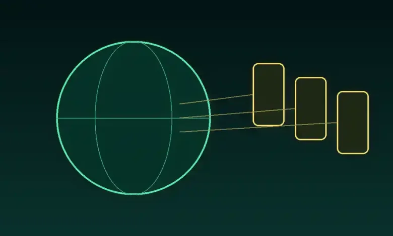 رسم توضيحي لكرة أرضية متوهجة تتصل بها هواتف ذكية ترمز إلى توسع ترانسشن وطرح أسهمها في هونغ كونغ