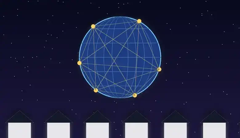 رسم توضيحي لكرة أرضية تحيط بها شبكة اتصالات مضيئة ترمز إلى التعاون الرقمي الدولي