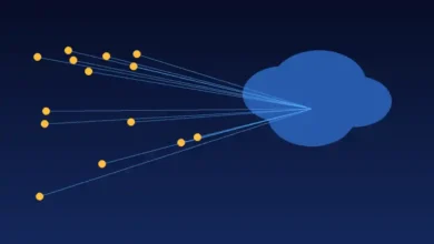 رسم توضيحي لعُقد بيانات متصلة بسحابة حوسبة ترمز إلى إتاحة نموذج ذكاء اصطناعي صيني عبر منصة سحابية عالمية